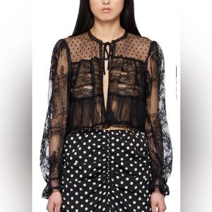 Authentic new Anna Sui Sheer Black Lace Peasant Blouse, Size -M